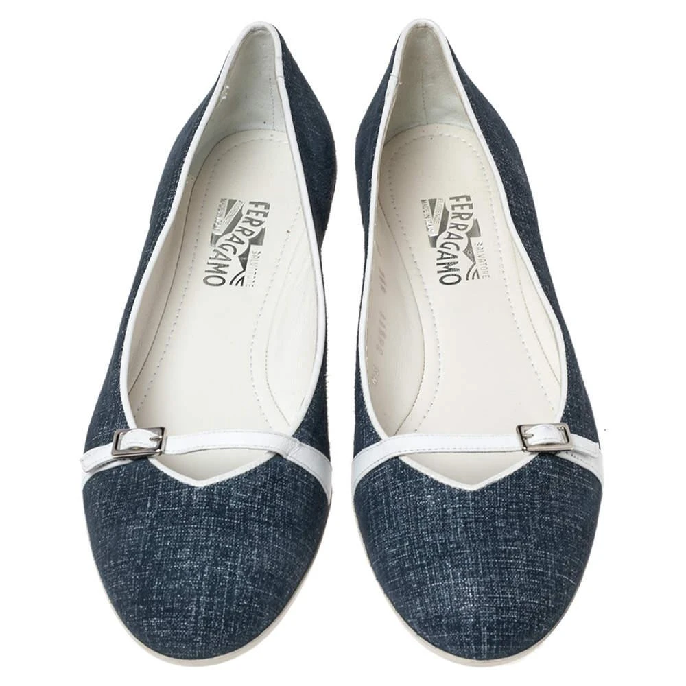 商品Salvatore Ferragamo|Salvatore Ferragamo Navy Blue/White Denim and Leather Ballet Flats Size 40.5,价格¥1516,第3张图片详细描述