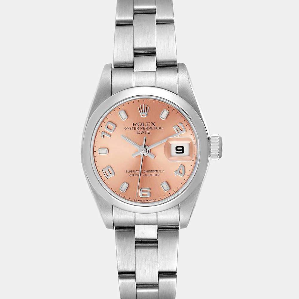 Rolex Salmon Stainless Steel Oyster Pepertual Date 69160 Women's Wristwatch 26 mm商品第1张图片规格展示