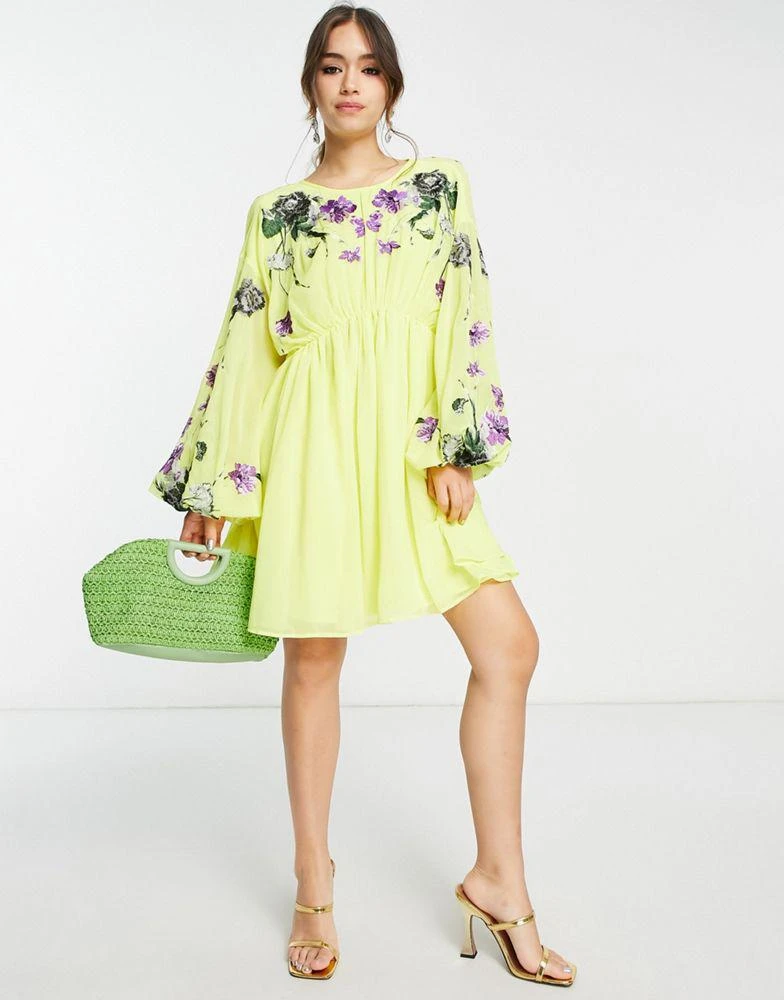 商品ASOS|ASOS EDITION blouson sleeve mini dress with embroidered bodice in yellow,价格¥488,第4张图片详细描述