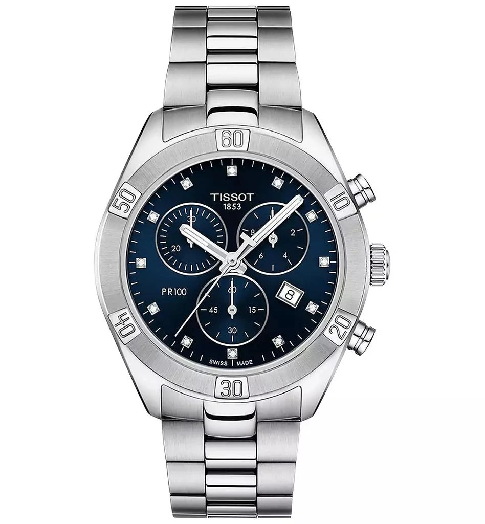 商品Tissot|Women's Swiss Chronograph T-Classic PR 100 Diamond (1/20 ct. t.w.) Gray Stainless Steel Bracelet Watch 38mm,价格¥4681,第1张图片