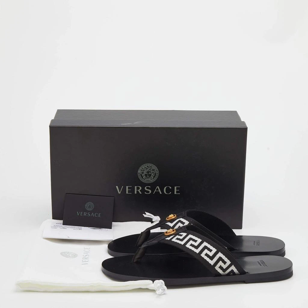 Versace Black/White Leather And Fabric Flat Slide Greca Sandals Size 43 商品