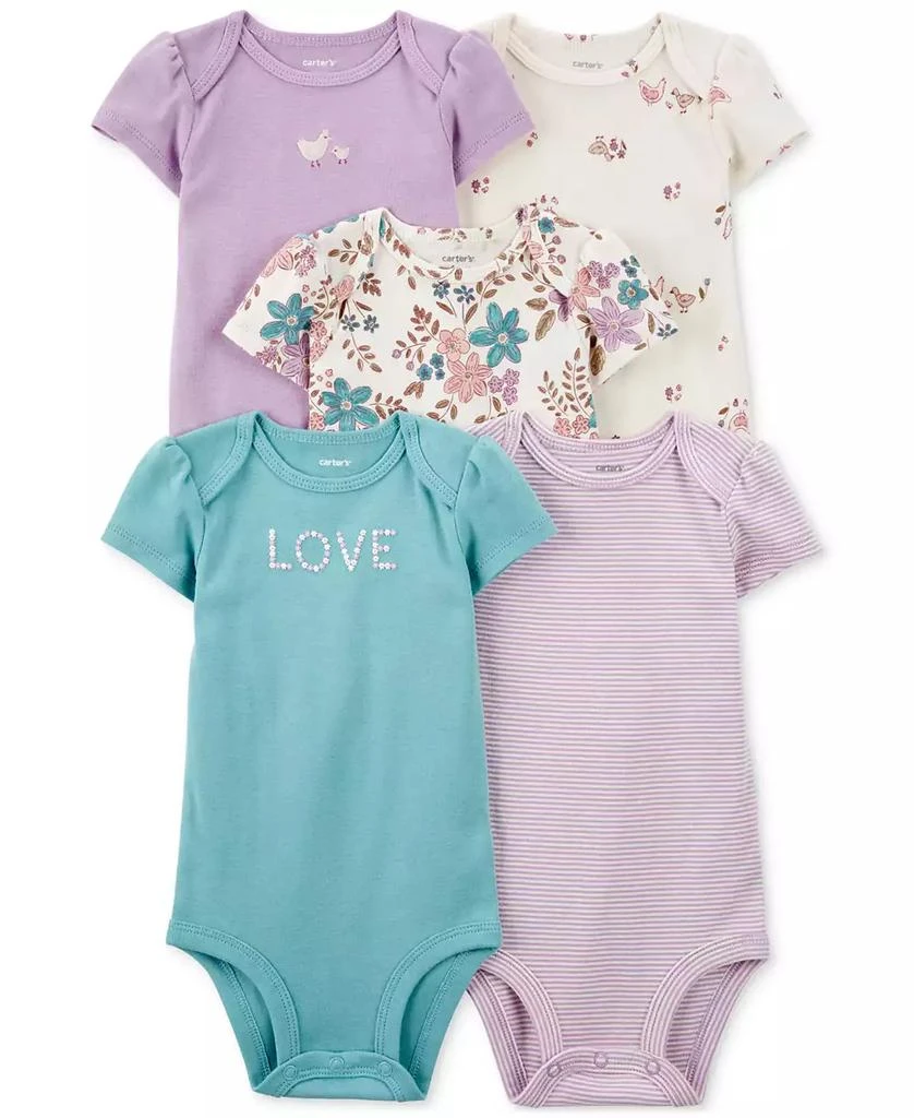 商品Carter's|Baby Girls Floral Cotton Short-Sleeve Bodysuits, Pack of 5,价格¥133,第1张图片