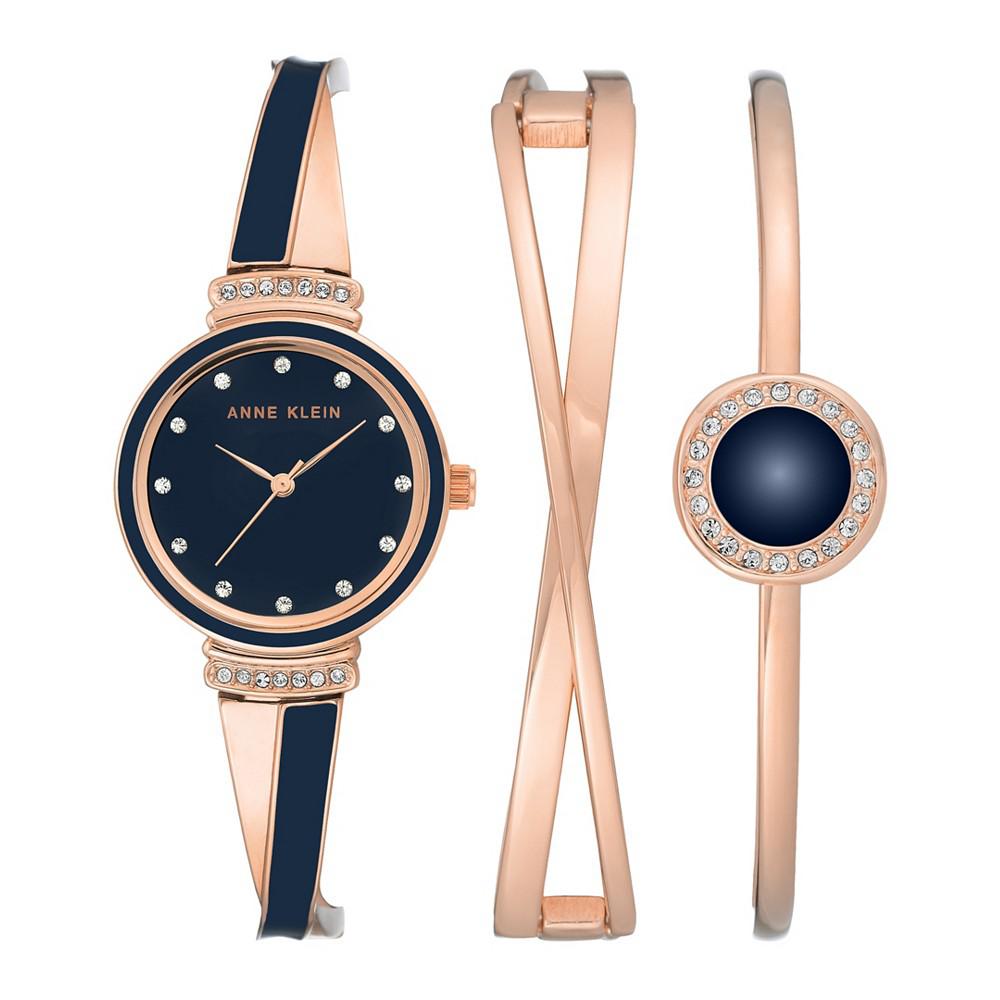 Women's Rose Gold-Tone Alloy Bangle with Navy Enamel and Crystal Accents Fashion Watch 33mm Set 3 Pieces商品第1张图片规格展示