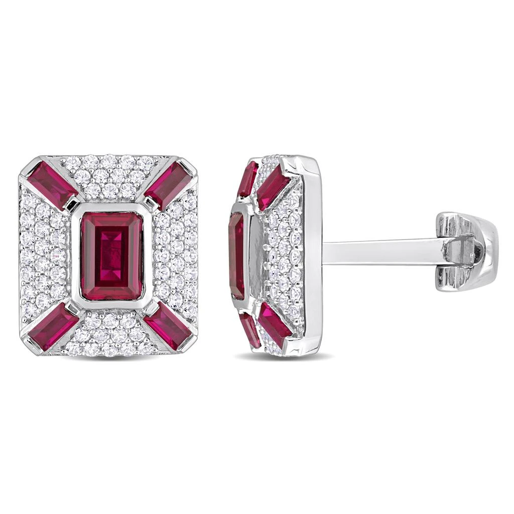 商品Mimi & Max|5-1/4ct TGW Octagon and Baguette-Cut Created Ruby and Created White Sapphire Cufflinks in Sterling Silver,价格¥947,第1张图片