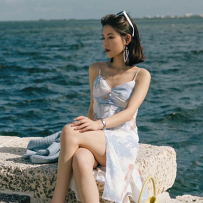 【Suggyl联名胶囊系列】Francisco抽象印花法式度假风前开衩吊带连衣裙 | Francisco Dress - Abstract Colors商品第5张图片规格展示