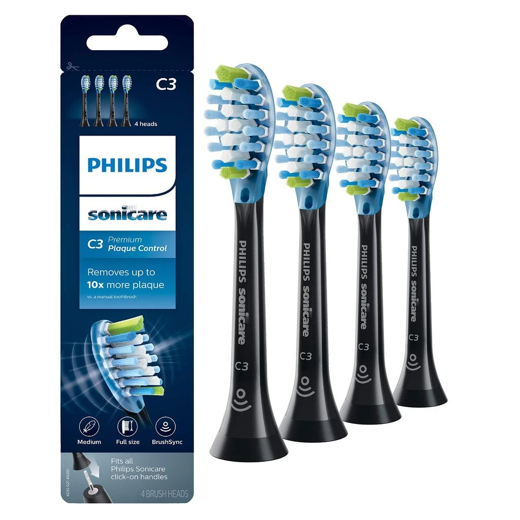商品Philips Sonicare|Philips Sonicare Genuine C3 Premium Plaque Control Replacement Toothbrush Heads, 4 Brush Heads, Black, HX9044/95,价格¥367,第1张图片详细描述