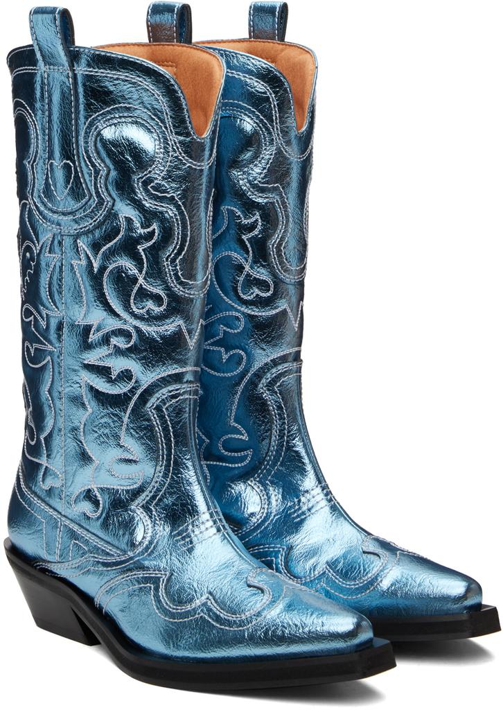 Ganni Blue Metallic Mid Shaft Embroidered Western Boots