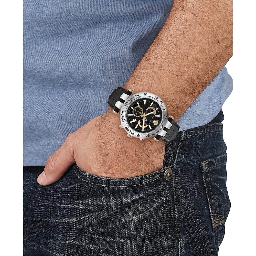Men's Swiss Chronograph Bold Black Perforated Leather Strap Watch 46mm商品第4张图片规格展示