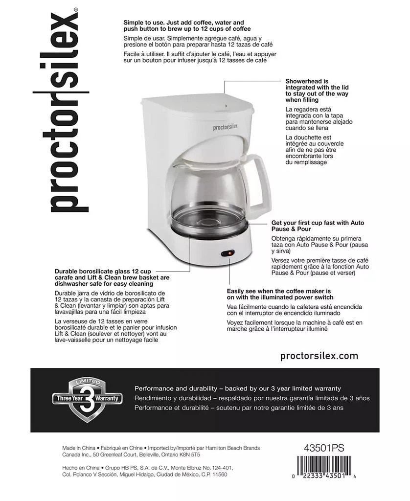 商品Proctor Silex|12-Cup Coffee Maker, Compatible with Smart Plugs,价格¥200,第4张图片详细描述