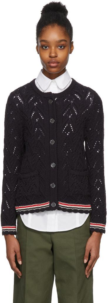 商品Thom Browne|Navy Pointelle Cable Knit Cardigan,价格¥8299,第1张图片