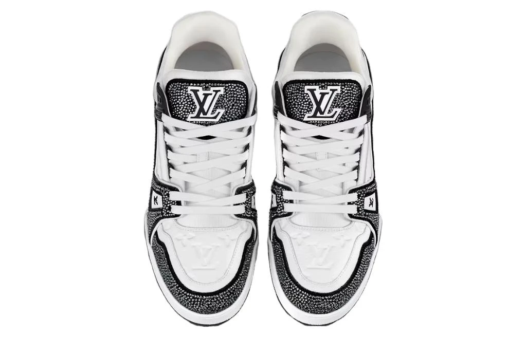 商品[国内直发] Louis Vuitton|Trainer 皮革 水晶 平底低帮系带 时尚板鞋 男女同款 黑白色,价格¥43341,第4张图片详细描述