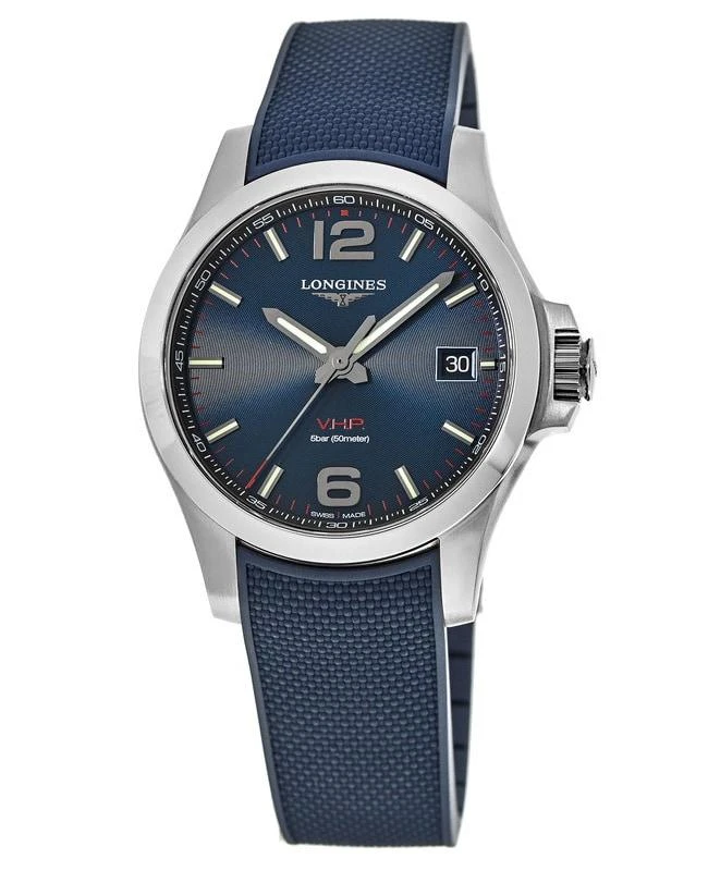 商品Longines|Longines Conquest V.H.P. 41mm Blue Dial Rubber Strap Men's Watch L3.716.4.96.9,价格¥5283,第1张图片