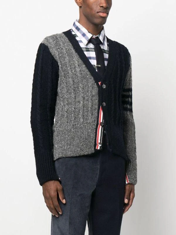 商品Thom Browne|THOM BROWNE MEN FUN MIX BICOLOR TWIST CABLE CLASSIC V NECK CARDIGAN IN DONEGAL W/ 4 BAR STRIPE,价格¥7225,第1张图片