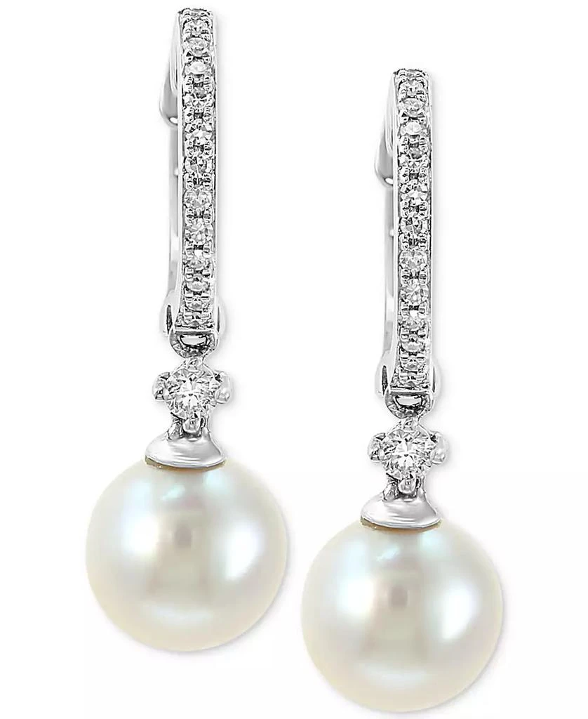 商品Effy|EFFY® Cultured Freshwater Pearl (7mm) & Diamond (1/6 ct. t.w.) Hoop Drop Earrings in 14k White Gold,价格¥14498,第1张图片