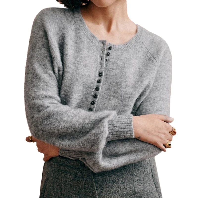 商品SEZANE|22新款 女士灰色马海毛羊毛混纺纽扣门襟圆领套头衫,价格¥1450,第1张图片