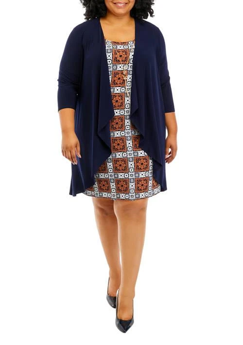 商品R & M Richards|M Richards Plus Size Geometric Print Dress With Solid Jacket And Detachable Necklace,价格¥941,第1张图片