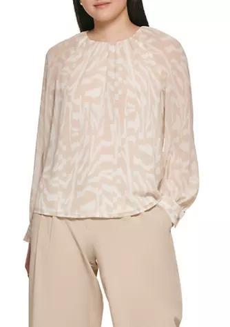 商品Calvin Klein|Women's Long Sleeve Pleated Neck Printed Woven Top,价格¥597,第1张图片