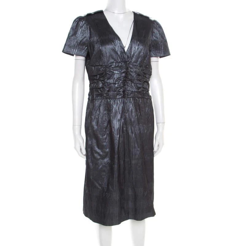 商品[二手商品] Burberry|Burberry London Metallic Silver Jacquard Plunge Neck Short Sleeve Dress M,价格¥1564,第2张图片详细描述