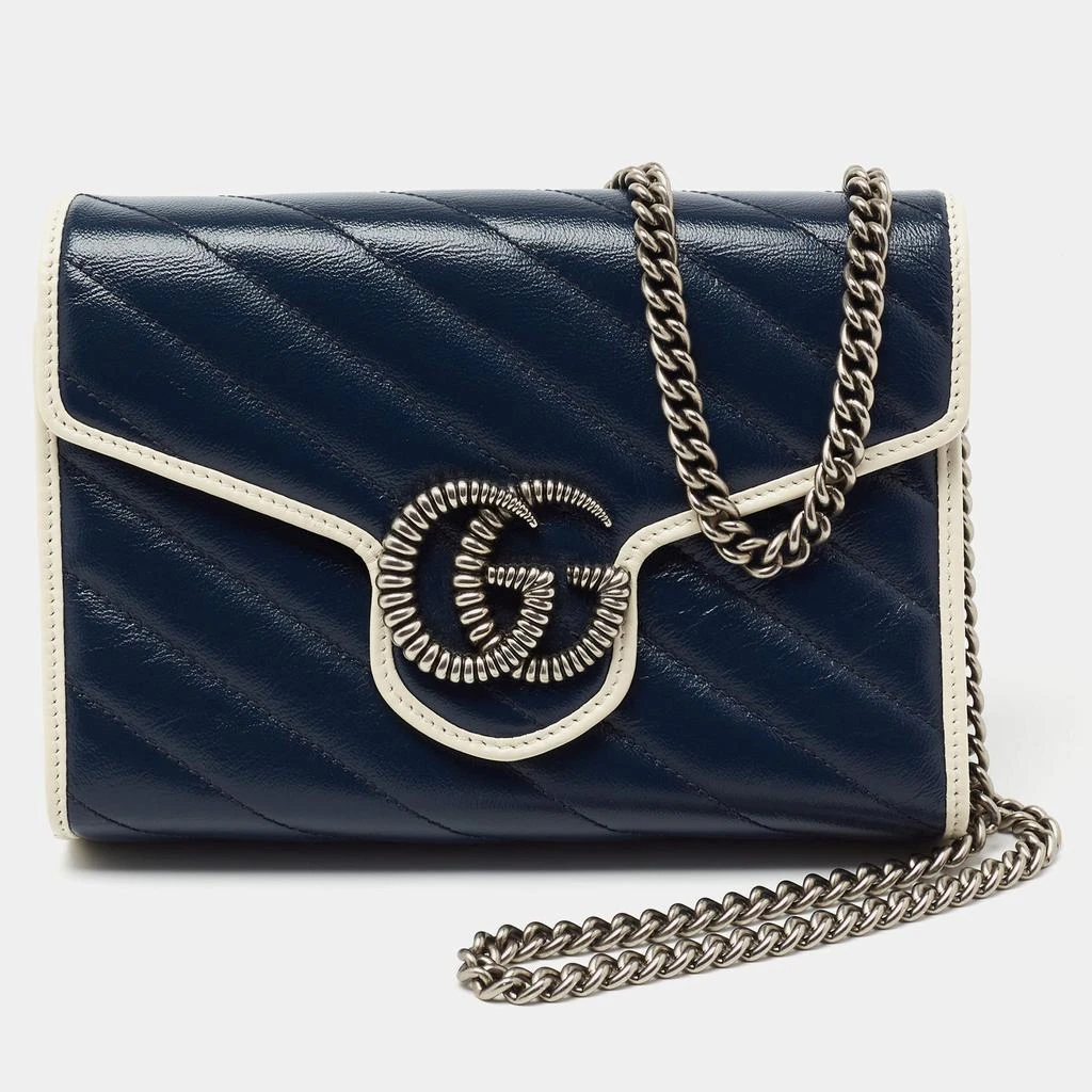 商品[二手商品] Gucci|Gucci Navy Blue/White Diagonal Quilt Leather GG Marmont Torchon Wallet on Chain,价格¥7789,第1张图片