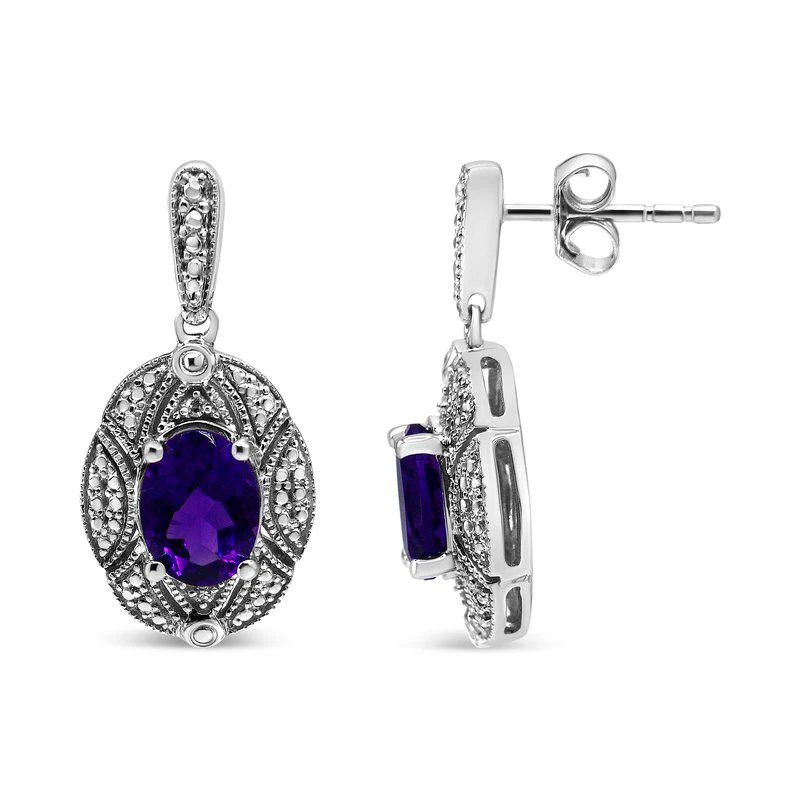 商品Haus of Brilliance|.925 Sterling Silver Diamond Accent And 8 x 6 mm Purple Oval Amethyst Stud Earrings I-J Color, I1-I2 Clarity,价格¥3465,第2张图片详细描述