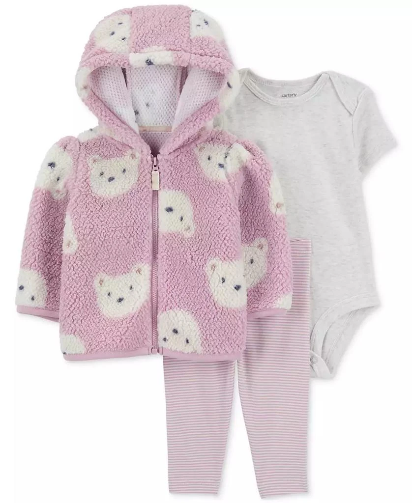 商品Carter's|Baby Girls Faux-Sherpa Bear Little Jacket, Bodysuit & Striped Pants, 3-Piece Set,价格¥114,第1张图片