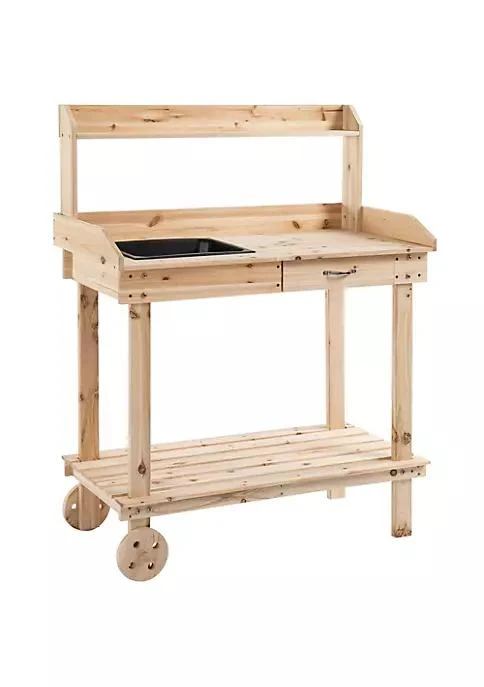 商品Outsunny|36 Wooden Potting Bench Work Table With 2 Removable Wheels Sink Drawer And Large Storage Spaces Natural,价格¥1034,第2张图片详细描述