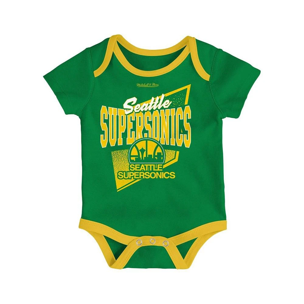 商品Mitchell & Ness|Newborn and Infant Boys and Girls Green, Gold Seattle SuperSonics 3-Piece Hardwood Classics Bodysuits and Cuffed Knit Hat Set,价格¥301,第3张图片详细描述
