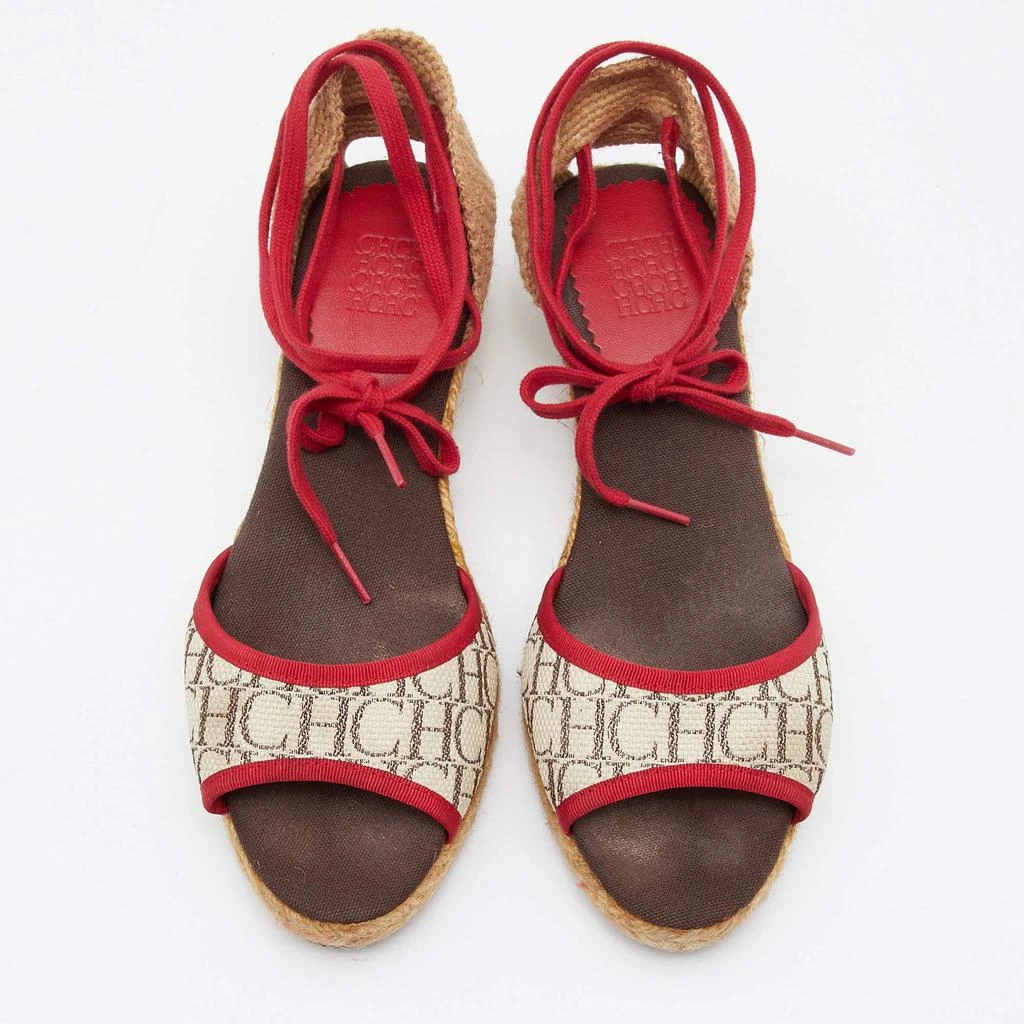 商品[二手商品] Carolina Herrera|CH Carolina Herrera Multicolor Monogram Canvas And Jute Espadrille Ankle Wrap Sandals Size 39,价格¥807,第3张图片详细描述