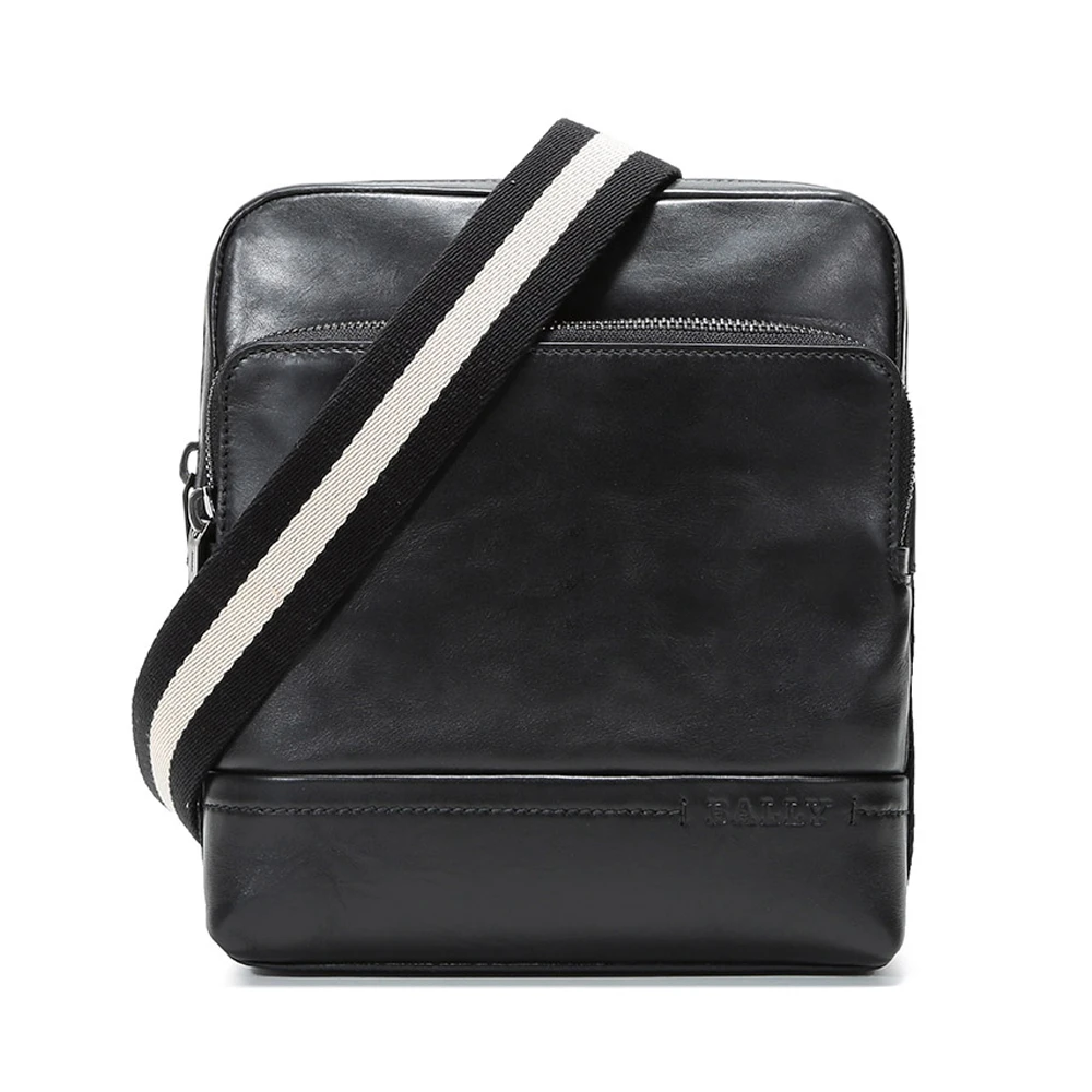 商品Bally|BALLY 男士黑色皮质黑白织物肩带单肩斜挎包 6228758,价格¥2740,第1张图片