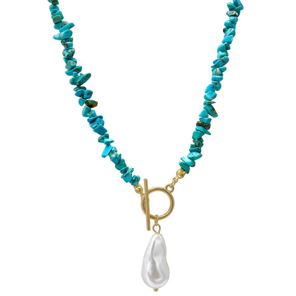 商品ADORNIA|17" Multi Shape Faux Turquoise Stone Toggle 14K Gold Plated Necklace with Imitation Pearl Pendant,价格¥257,第1张图片