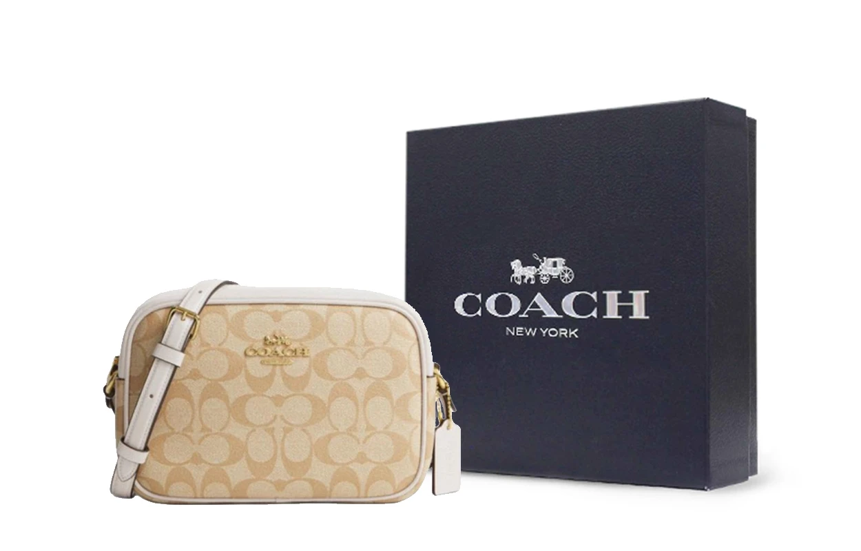 商品[国内直发] Coach|蔻驰 Jamie 22 经典老花金标五金扣拉链 涂层帆布拼光滑皮革 相机包单肩斜挎包 中号 女款 浅卡其色拼粉笔白色,价格¥1451,第8张图片详细描述