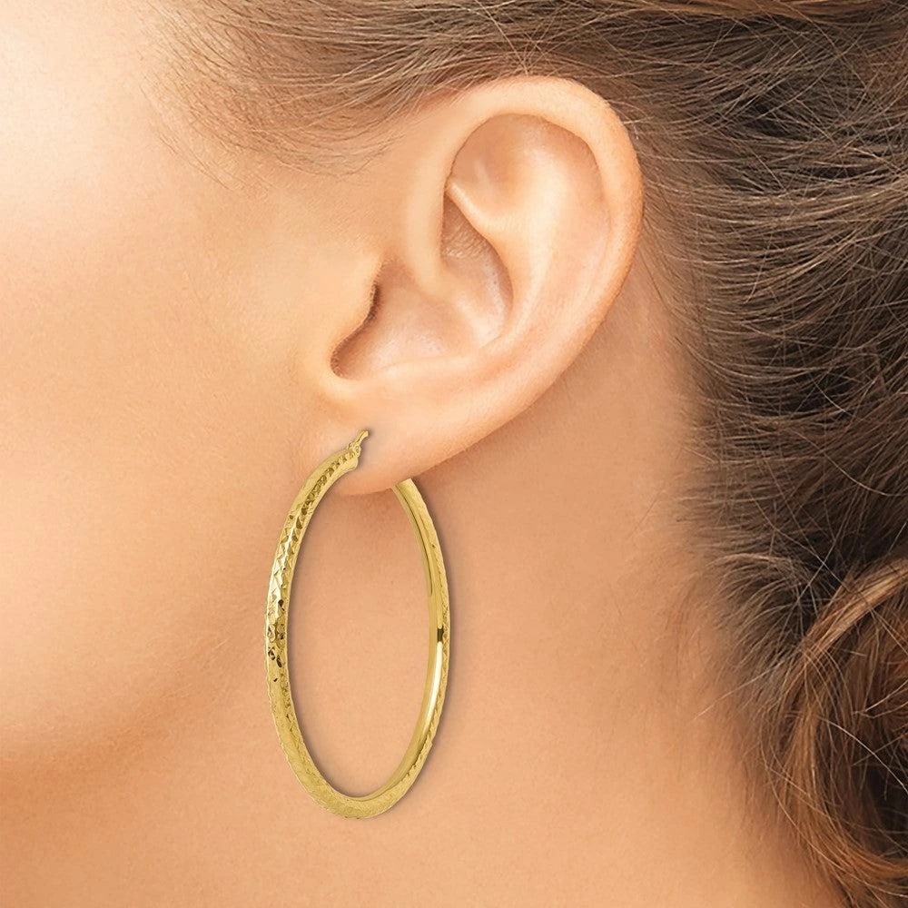 商品Diamond2Deal|14k Yellow Gold Diamond-cut 3x50mm Round Hoop Earrings,价格¥7080,第3张图片详细描述