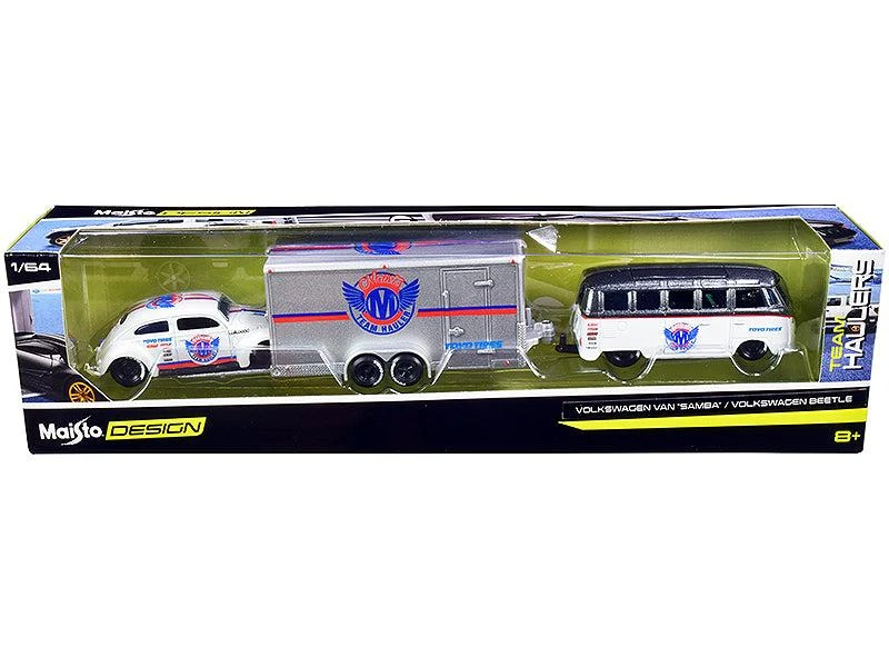 商品Maisto|Volkswagen Samba Bus Dark Gray Metallic and White with Volkswagen Beetle White Metallic and Enclosed Car Trailer Silver "Toyo Tires" "Team Haulers" Series 1/64 Diecast Model Cars by,价格¥340,第1张图片