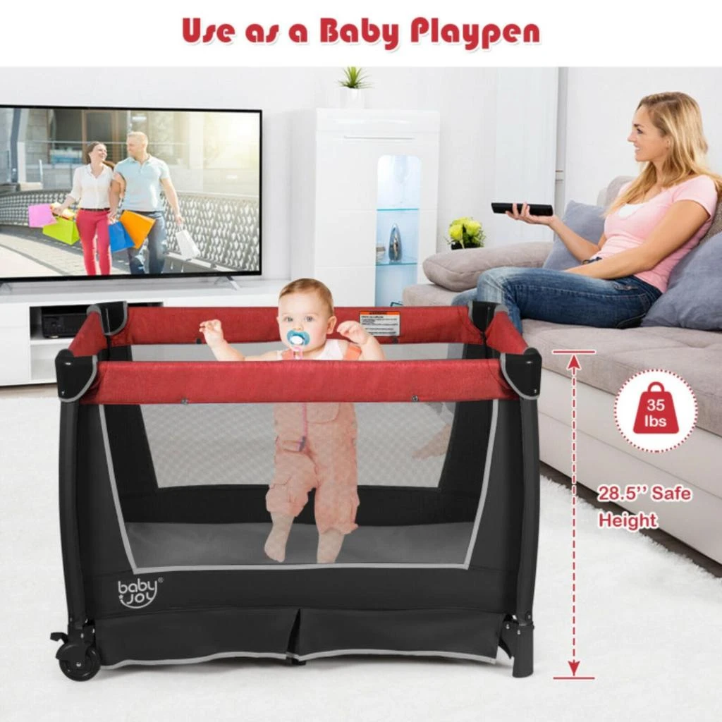 商品Hivvago|4-in-1 Convertible Portable Baby Play yard with Toys and Music Player-Red,价格¥1974,第2张图片详细描述