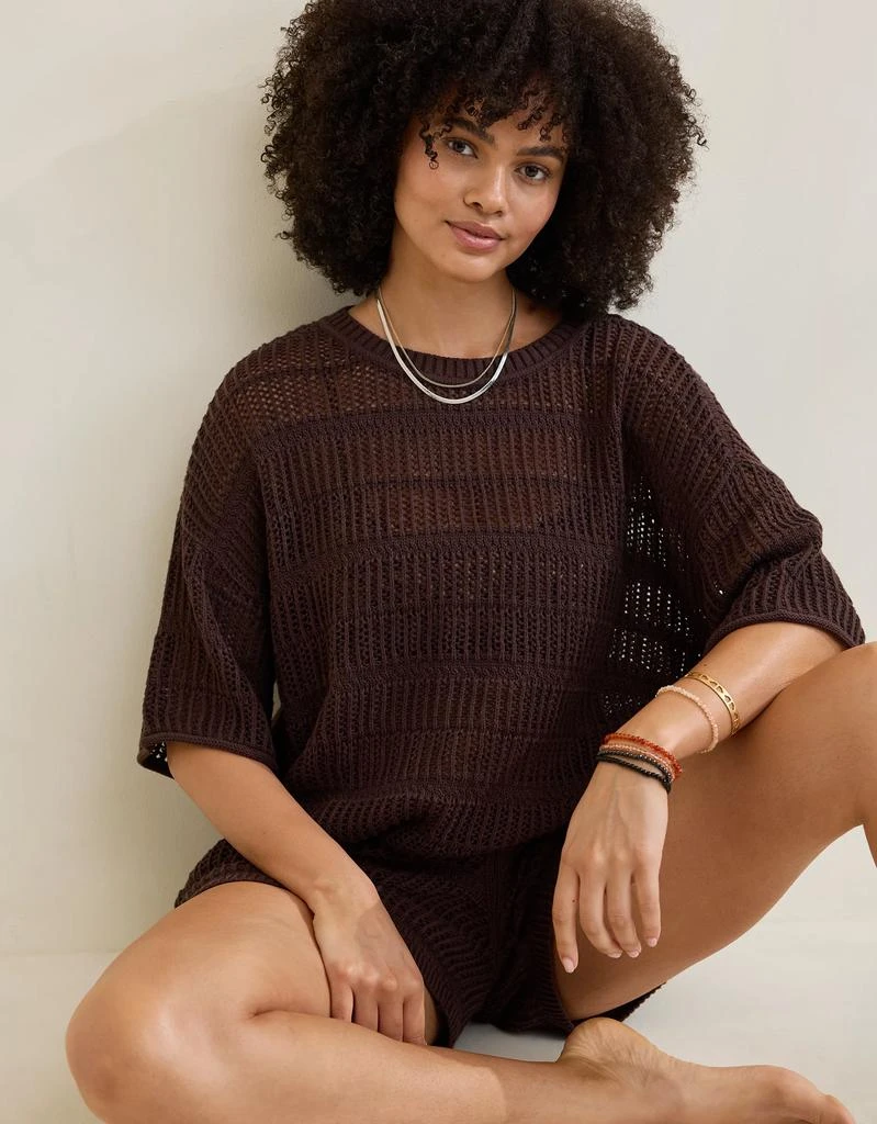 商品Aerie|Aerie Crochet Oversized Short Sleeve Sweater,价格¥254,第1张图片