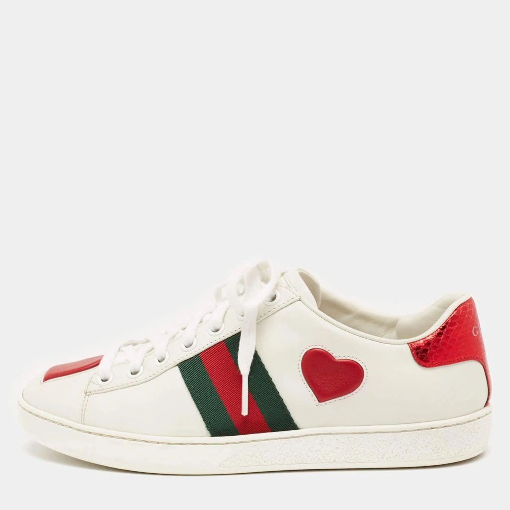 商品[二手商品] Gucci|Gucci White Leather Ace Web Heart Detail Lace Up Low Top Sneaker Size 35.5,价格¥3651,第1张图片