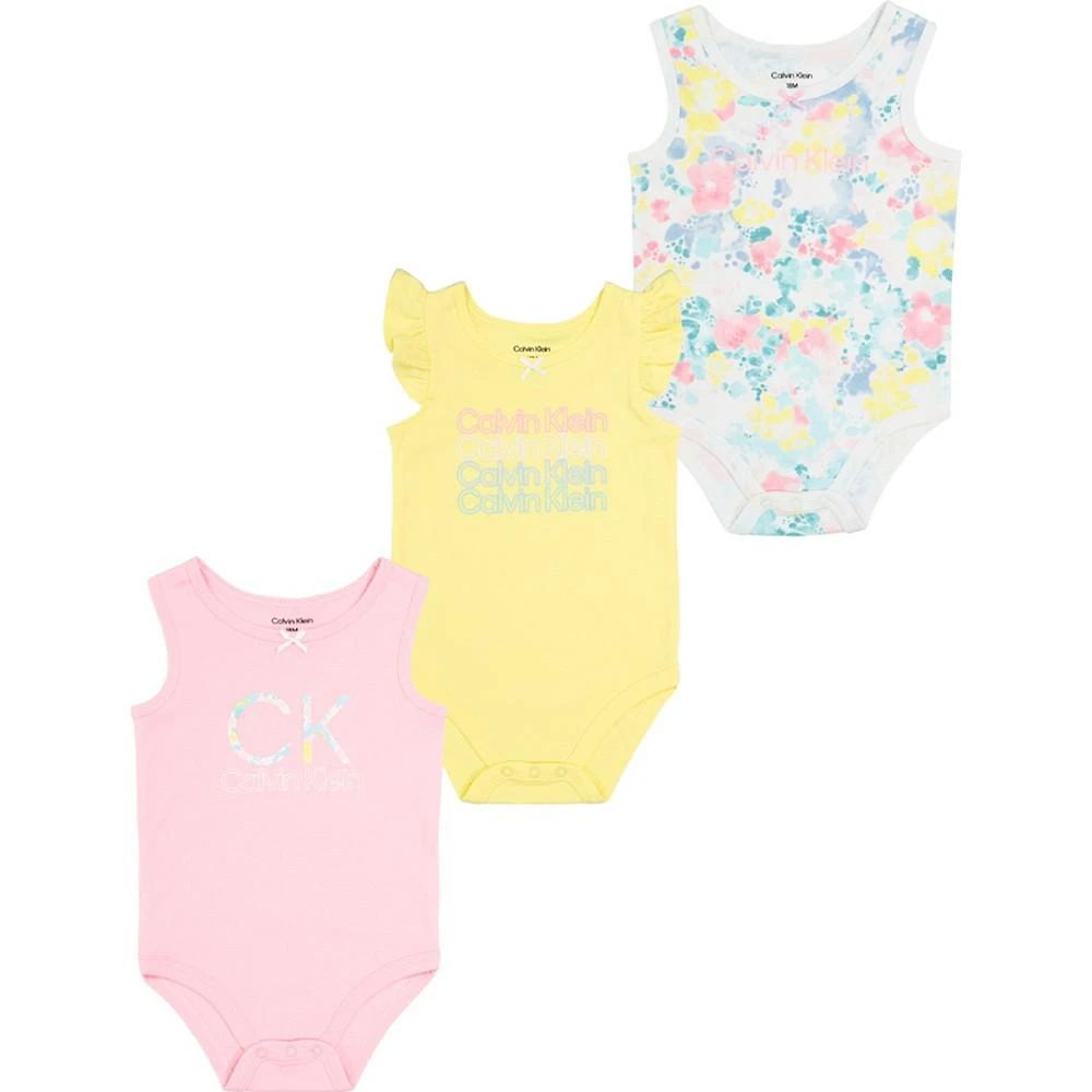 商品Calvin Klein|Baby Girls Sleeveless Signature Bodysuits, Pack of 3,价格¥185,第1张图片