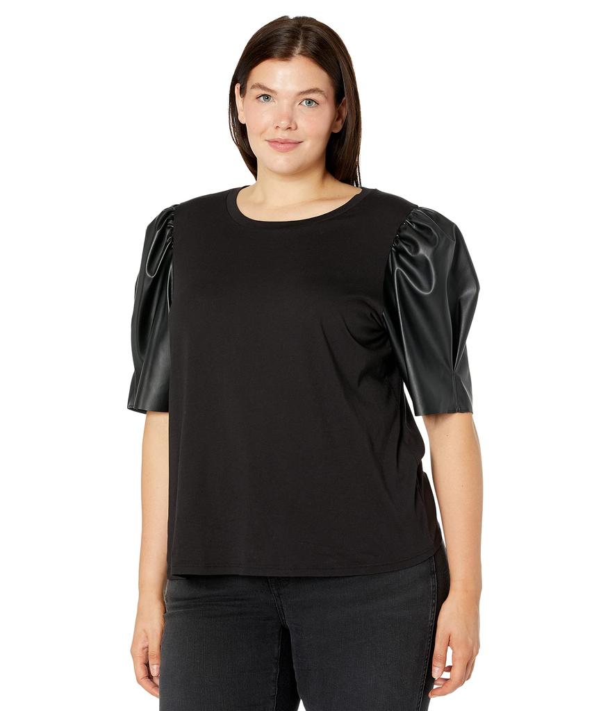 Plus Size T-Shirt with Leather Sleeve商品第1张图片规格展示
