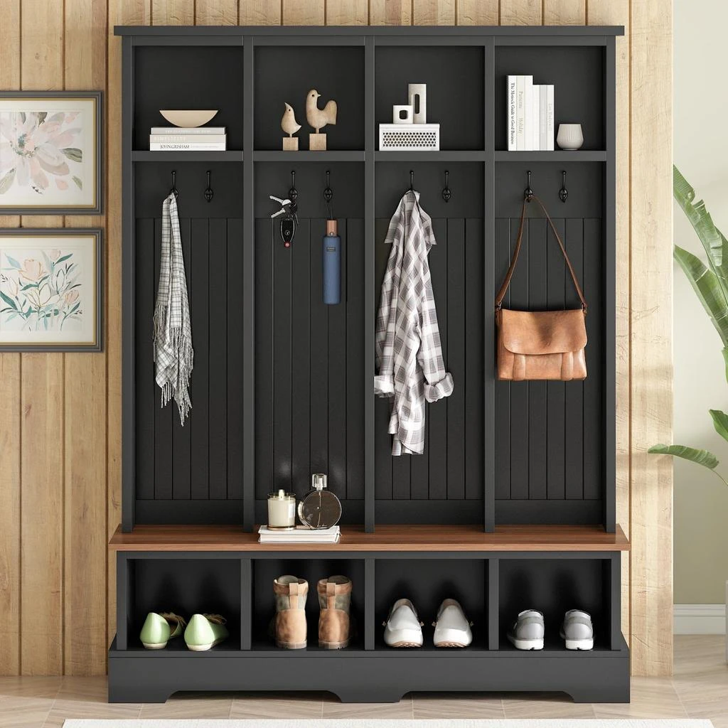 商品Streamdale Furniture|Streamdale Farmhouse Hall Tree with Bench, Coat & Shoe Rack - Black,价格¥3008,第2张图片详细描述