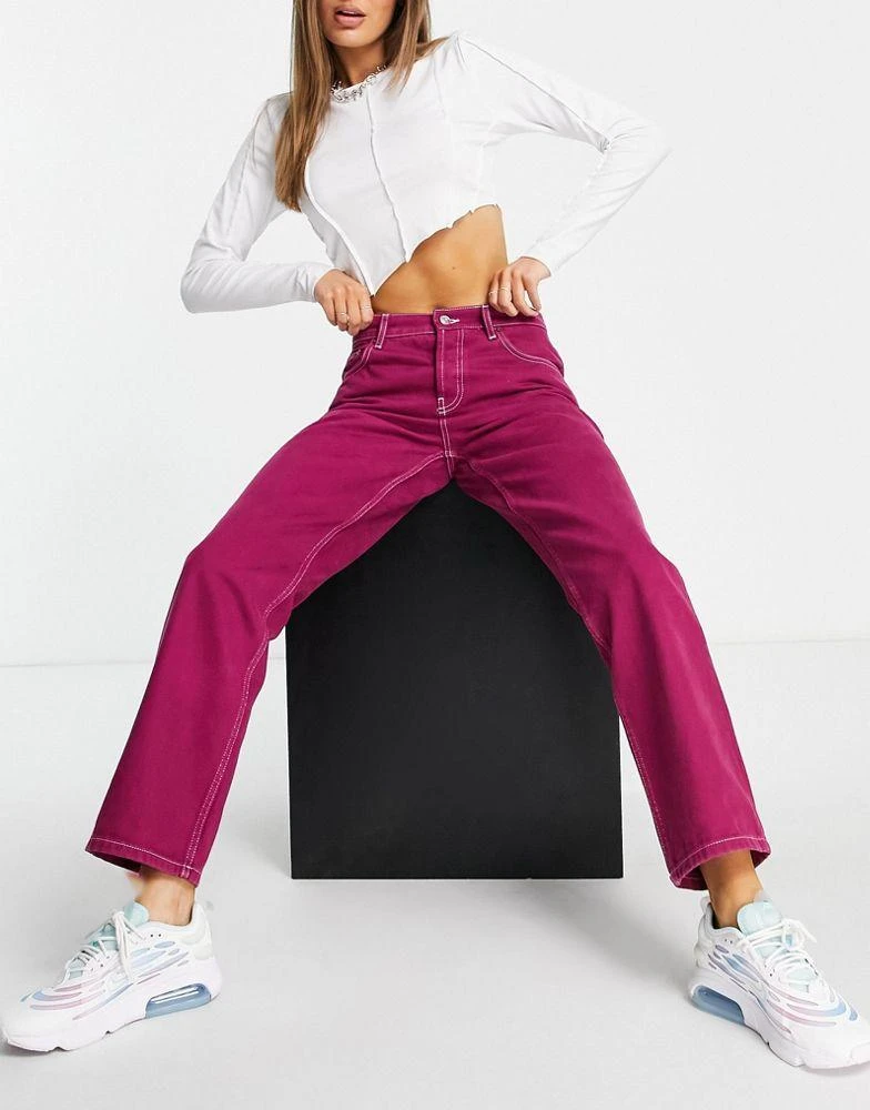 商品ASOS|ASOS DESIGN low rise straight leg jean in maroon with contrast thread,价格¥136,第4张图片详细描述
