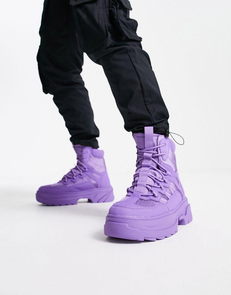 ASOS DESIGN chunky sole lace up boot in purple faux suede商品第1张图片规格展示