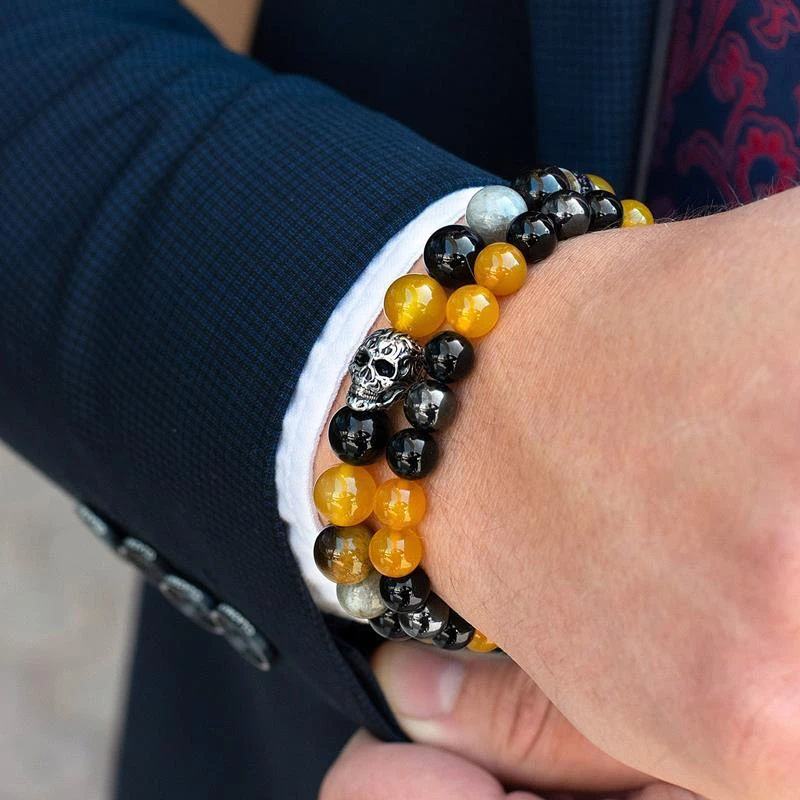商品Crucible Jewelry|Crucible Los Angeles Single Skull Stretch Bracelet with 10mm Polished Black Onyx, Labradorite, Yellow Jade and Tiger Eye Beads,价格¥388,第3张图片详细描述