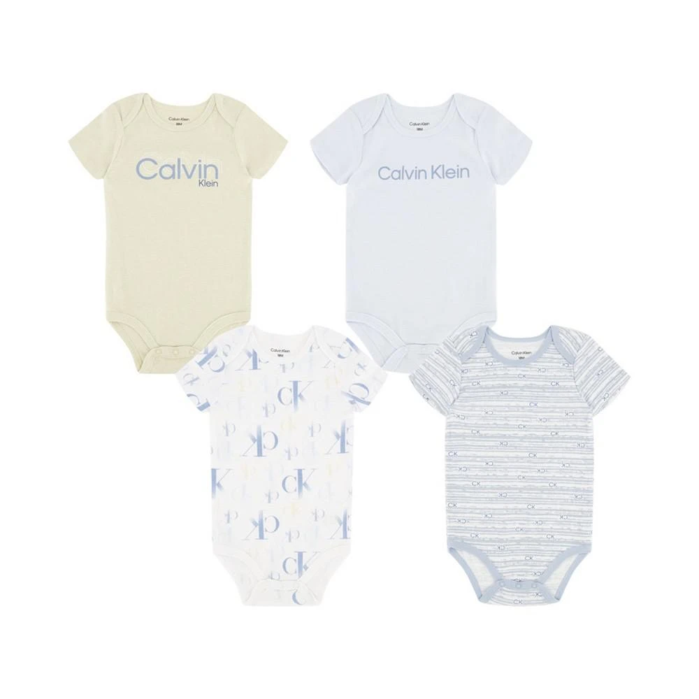 商品Calvin Klein|Baby Boys Short Sleeve Logo Bodysuits, Pack of 4,价格¥203,第1张图片