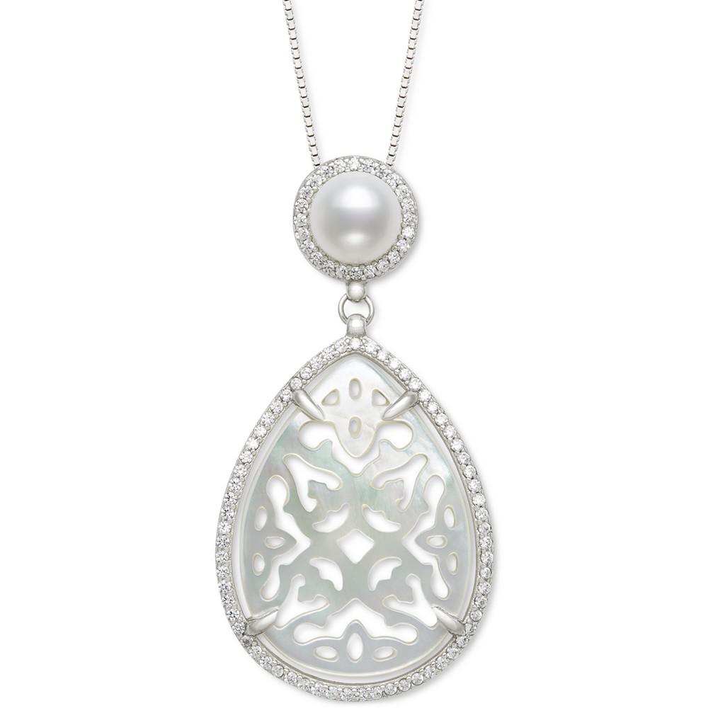 Cultured Freshwater Pearl (6mm), Carved Mother-of-Pearl, & Cubic Zirconia 18" Pendant Necklace in Sterling Silver商品第1张图片规格展示
