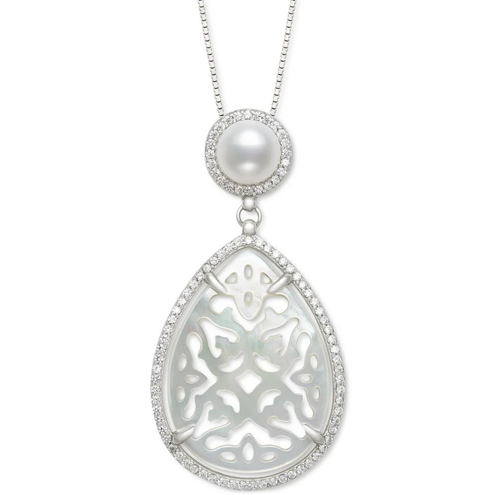 商品Belle de Mer|Cultured Freshwater Pearl (6mm), Carved Mother-of-Pearl, & Cubic Zirconia 18" Pendant Necklace in Sterling Silver,价格¥1491,第1张图片