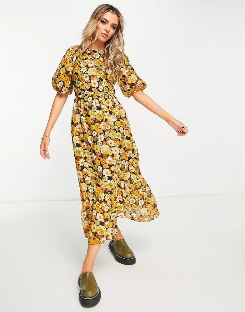 商品Topshop|Topshop 70's floral puff sleeve midi dress in multi,价格¥335,第1张图片