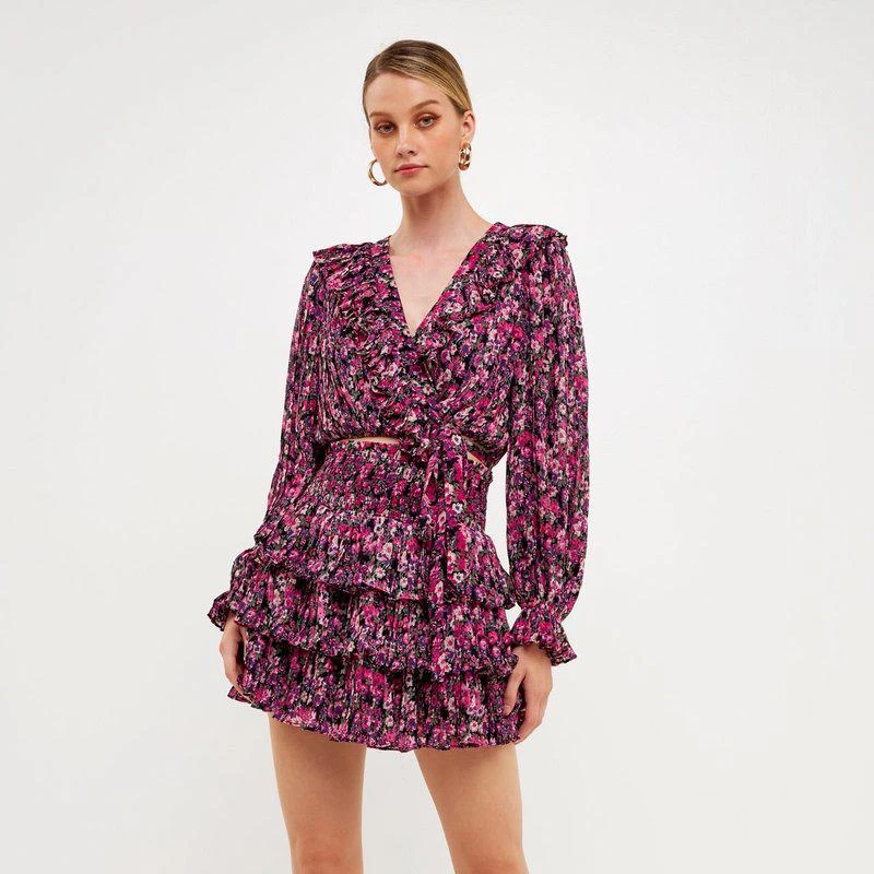 商品Endless Rose|Chiffon Floral Printed Ruffled Crop Top,价格¥679,第1张图片