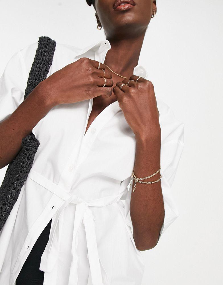Topshop tie waist short sleeve poplin shirt in white商品第3张图片规格展示