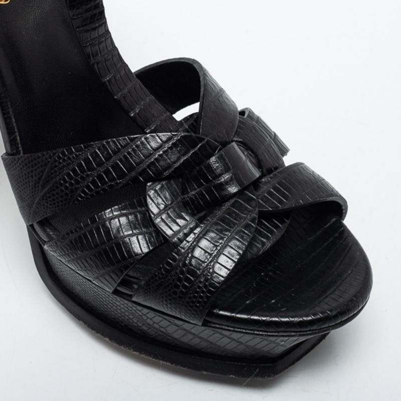 Yves Saint Laurent Black Lizard Embossed Leather Tribute  Ankle Strap Sandals Size 37.5商品第7张图片规格展示