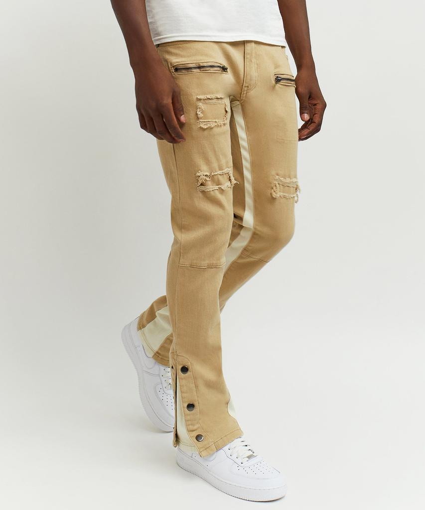 商品Reason Clothing|Snap & Flare Ripped And Repaired Denim Jeans - Khaki,价格¥437,第1张图片